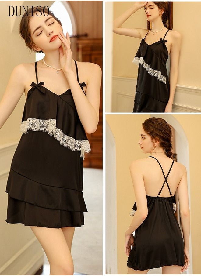 DUNISO Women's Sleeveless Lace Trim Nightgown Camisole Sleep Dress Built in Bra Removable Pads Nightwear Softable Silk V-Neck Pajama Dress For Ladies  - Image 1