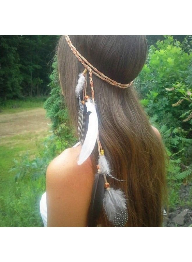 CBLUO Feather Headband Hippie Indian Boho Hair Hoops Tassel Bohemian Headdress Headwear Headpiece Women Girls Kids Crown Hairband Hair Bands Party Decoration Cosplay Costume Handmade Hair Accessories Khaki - Image 3