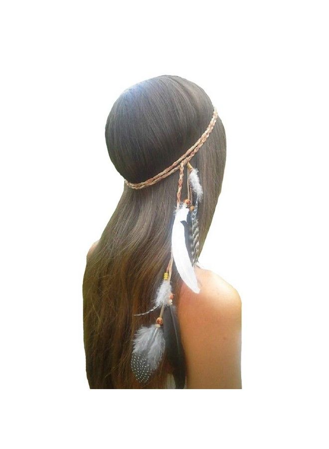 CBLUO Feather Headband Hippie Indian Boho Hair Hoops Tassel Bohemian Headdress Headwear Headpiece Women Girls Kids Crown Hairband Hair Bands Party Decoration Cosplay Costume Handmade Hair Accessories Khaki - Image 1