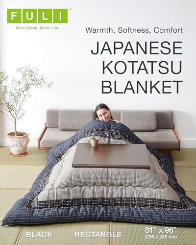 FULI Japanese Kotatsu Blanket, Warm Quilted Kotatsu Futon Comforter, 100% Cotton Top, Made in Japan, 81x96 in / 205x245 cm Rectangle (Black) - Image 2