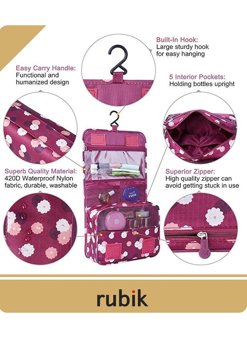 Rubik Hanging Toiletry Bag - Travel Large Cosmetic Makeup Organizer for Men & Women with Sturdy Hook (Burgundy Flowers)  - Image 2