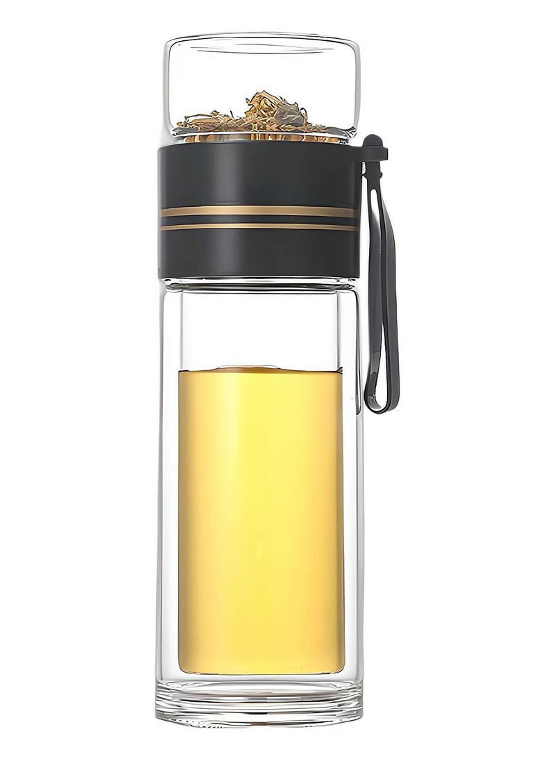 XiuWoo - Tea Infuser Bottle, Clear Double Wall Glass Water Bottle, Portable Travel Water Separation Tea Bottle Mug Cup with Tea Infuser for Women Men, 420ml, black - Image 1