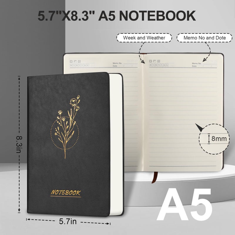 Fetinar Aesthetic Lined Journal Notebook for Women,300 Pages Softcover Leather Lined Journal Notebook,300 Pages Daily Journal, College Ruled Notebook for Work School, Note Taking 5.75''X8.38'' Black - Image 3