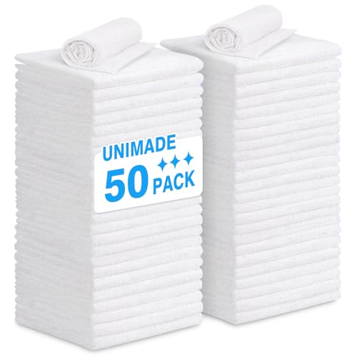 UNIMADE Shop Towel Rags, 50 Pack Reusable Shop Rags Bulk Microfiber Cleaning Cloth Lint Free Cleaning Towels for Car Kitchen Automotive Bar Mechanic Restaurant Garage, 11.5"x 11.5", White - Image 1