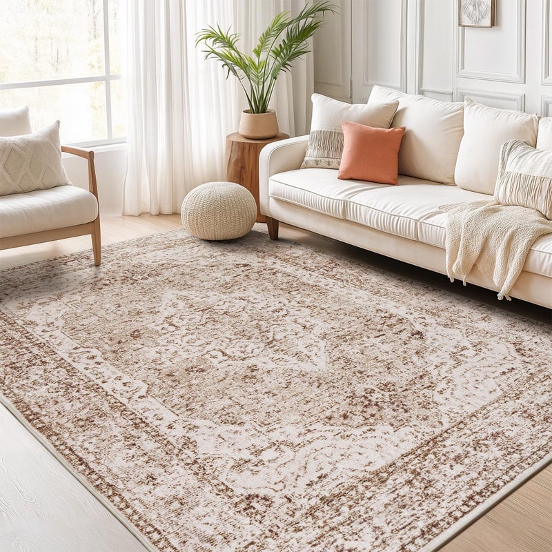Lofus 5x7 Area Rugs for Living Room, Washable Area Rug, Rugs for Bedroom, Kitchen, Vintage Boho Carpet, Soft Non-Slip, Low Pile Large Area Rug for Office Dining Room, Vintage Beige Brown - Image 1
