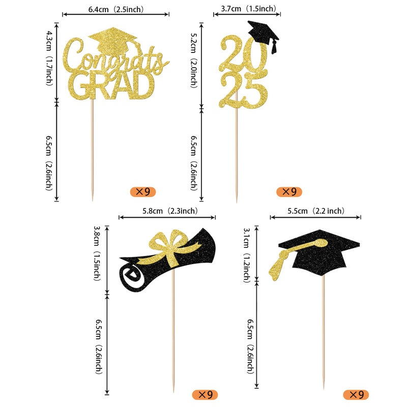RSSTARXI 36 Pack 2025 Cucke Cupcake Topcake Gold Glitter Congrats Grad 2025 Dipoma Cap Cupcake Class of 2025 Cake Decorations for Grad 2025 Graduation Party Cake Cake - Image 2