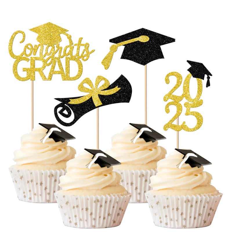 RSSTARXI 36 Pack 2025 Cucke Cupcake Topcake Gold Glitter Congrats Grad 2025 Dipoma Cap Cupcake Class of 2025 Cake Decorations for Grad 2025 Graduation Party Cake Cake - Image 1