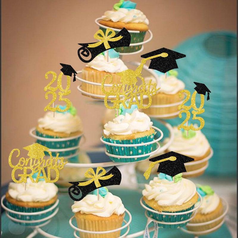 RSSTARXI 36 Pack 2025 Cucke Cupcake Topcake Gold Glitter Congrats Grad 2025 Dipoma Cap Cupcake Class of 2025 Cake Decorations for Grad 2025 Graduation Party Cake Cake - Image 3