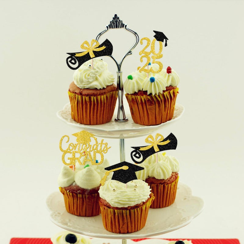 RSSTARXI 36 Pack 2025 Cucke Cupcake Topcake Gold Glitter Congrats Grad 2025 Dipoma Cap Cupcake Class of 2025 Cake Decorations for Grad 2025 Graduation Party Cake Cake - Image 4