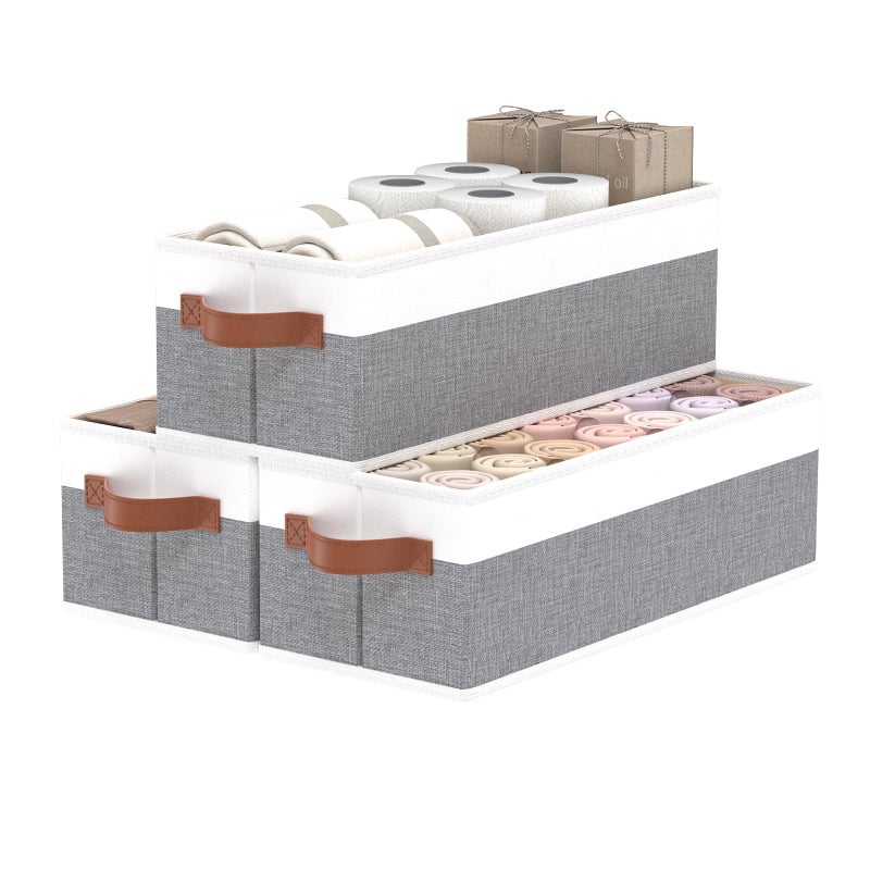 OUTBROS Storage Bins,Foldable Storage Baskets for Organizing,Fabric Storage Boxes With Handles,For bedrooms, living rooms, Shelves,Gray/White,15x6.1x5.1in,3-Pack - Image 1