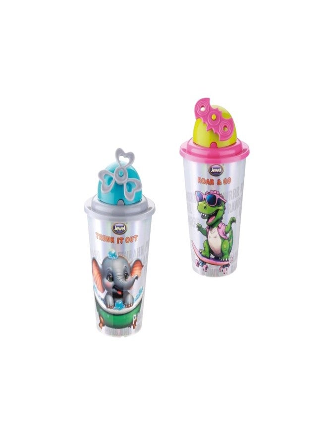Jewel Glowy Spinner Kids Water Bottle - 500ml | Set of 2 | Cartoon Printed Bottles for Boys & Girls | School & Travel Water Bottle with Fun Spinner Lid | Buy 1 Get 1 Free - Image 1