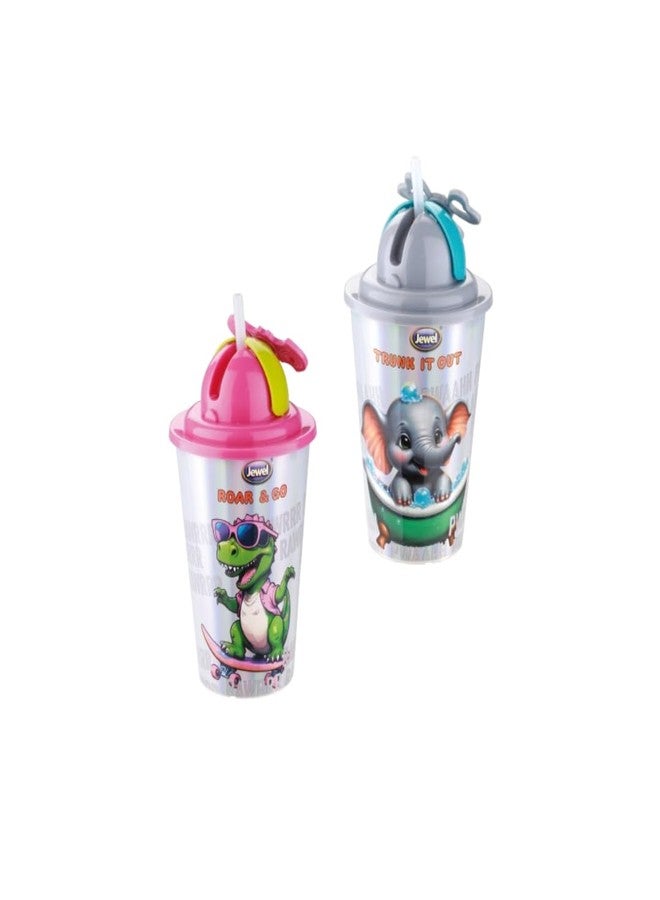 Jewel Glowy Spinner Kids Water Bottle - 500ml | Set of 2 | Cartoon Printed Bottles for Boys & Girls | School & Travel Water Bottle with Fun Spinner Lid | Buy 1 Get 1 Free - Image 2