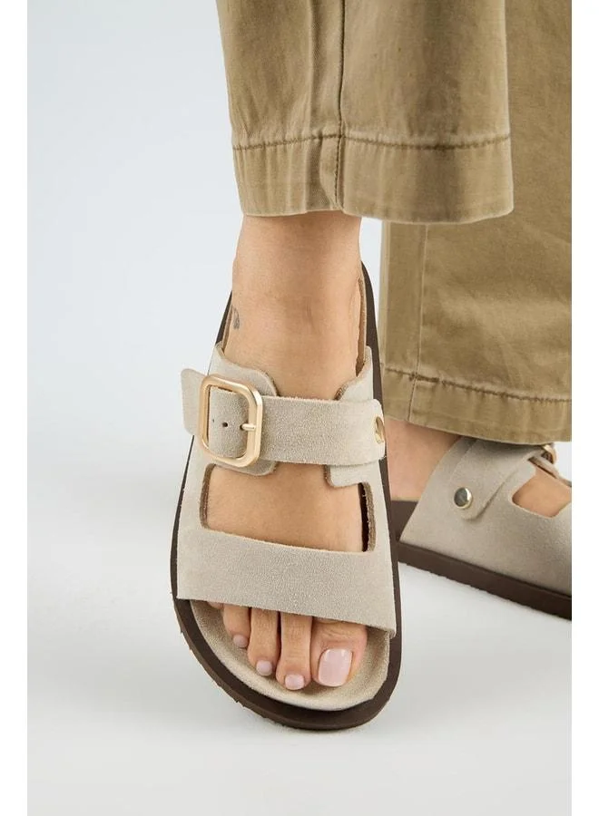Regina Women's Genuine Leather Double-Band Single-Strap Beige Slipper.