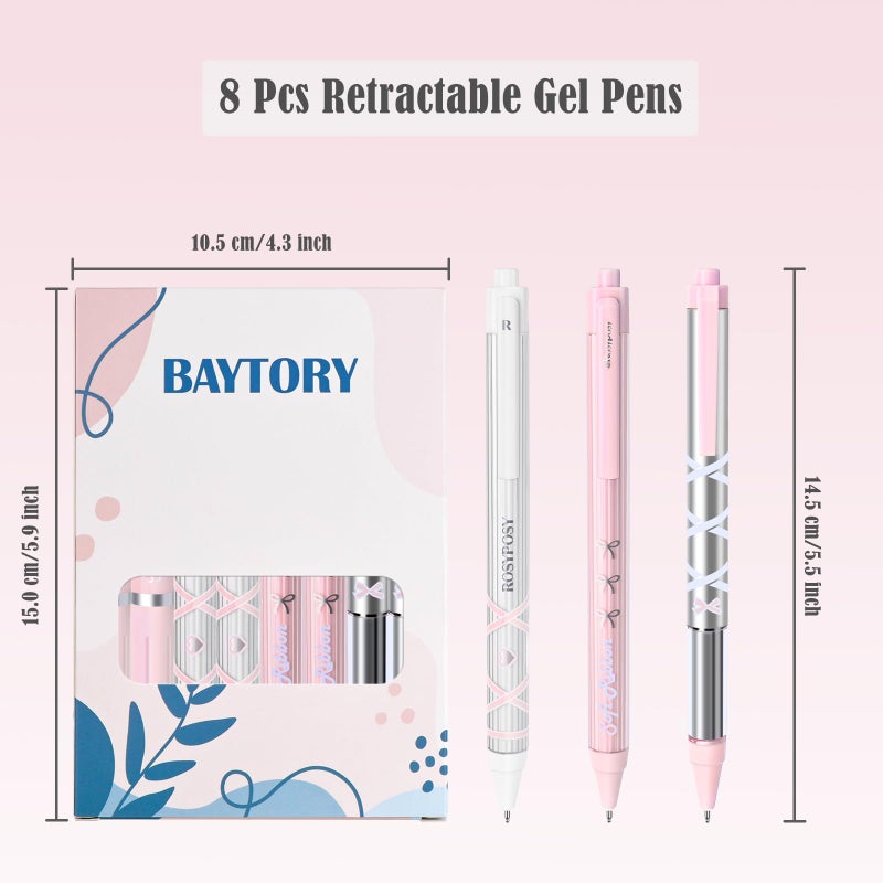 BAYTORY 8Pcs Gel Pens, Aesthetic Pens, Pastel Pen, Fine Point 0.5 mm Pen for Journaling, Retractable Quick Dry Black Ink, Smooth Writing for Office School Supplies (Pink Series) - Image 2