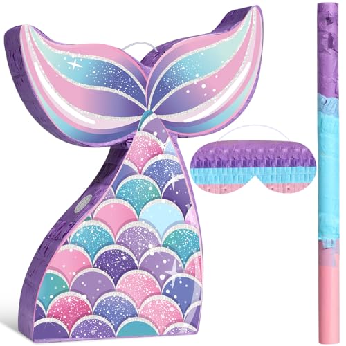 Faccito Mermaid Tail Piata Ocean Supplies Pull String Seashell Fish Piata with Blindfold and Bat for Girls Under The Sea Theme Birthday Party Carnival Activity DecorationsMermaid - Image 1