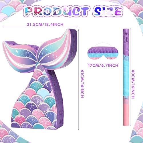 Faccito Mermaid Tail Piata Ocean Supplies Pull String Seashell Fish Piata with Blindfold and Bat for Girls Under The Sea Theme Birthday Party Carnival Activity DecorationsMermaid - Image 5