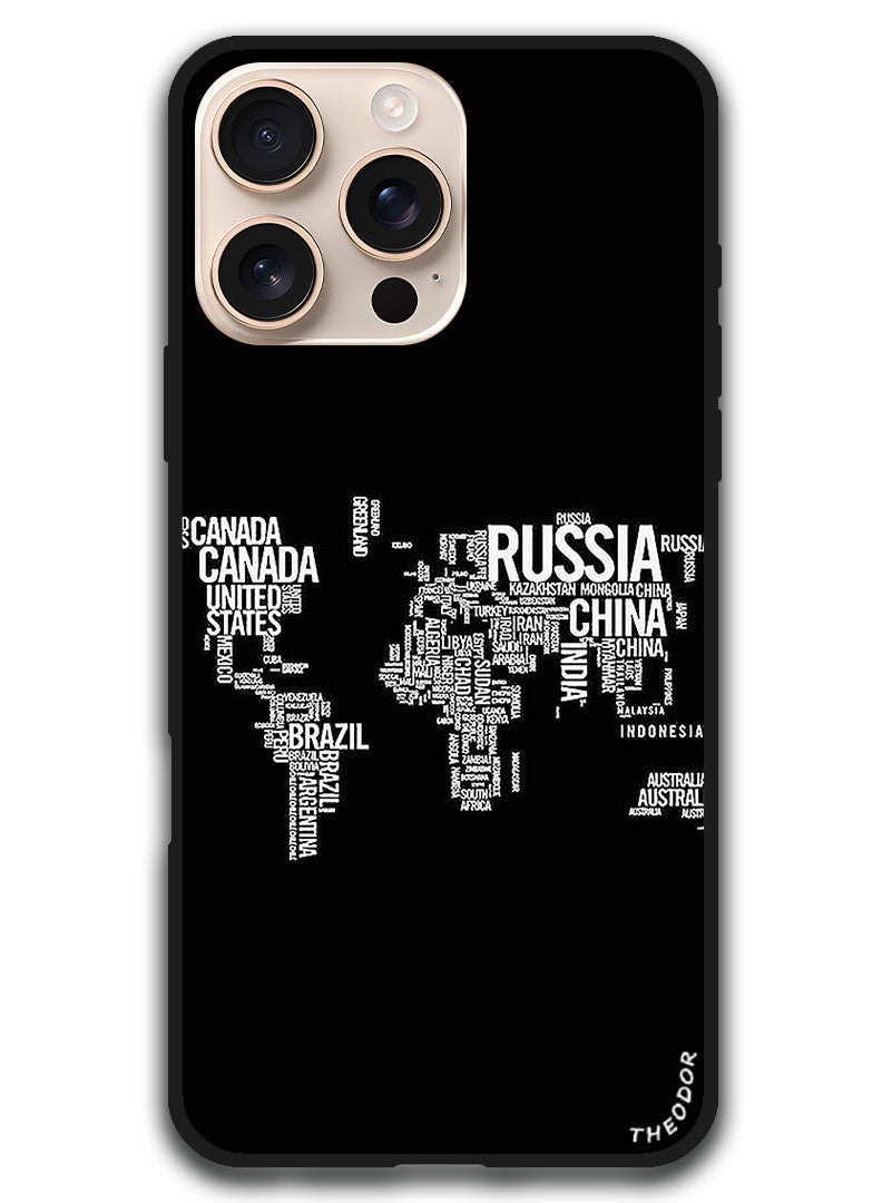 Theodor غطاء واقي مضاد للخدش ومقاوم للصدمات لجهاز iPhone 16 Pro (6.3) بوصة خريطة العالم المكتوبة - Image 1