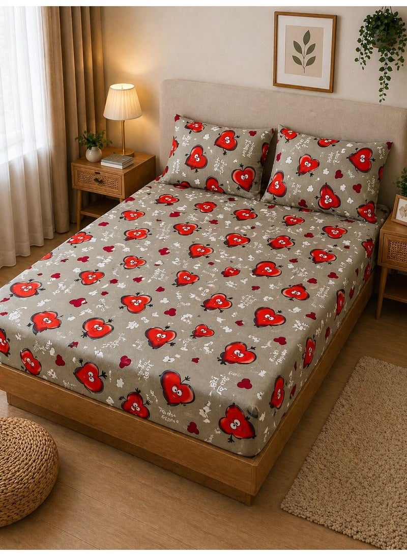 Eworld 3-Piece Fitted Bedsheet Set, Love Heart Emoji Print, 100% Cotton, 125 GSM, 1 Fitted Sheet + 2 Pillowcases, Soft & Breathable Bedding Set - Image 1
