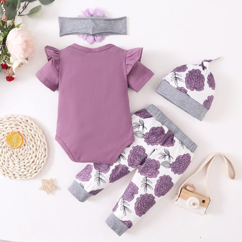Renotemy Newborn Girl Clothes Outfits Ruffle Short Sleeve Tops + Floral Pants Sets Spring Fall Summer Baby Girl Clothes 3-6 Months Purples - Image 4