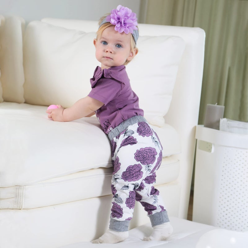 Renotemy Newborn Girl Clothes Outfits Ruffle Short Sleeve Tops + Floral Pants Sets Spring Fall Summer Baby Girl Clothes 3-6 Months Purples - Image 3