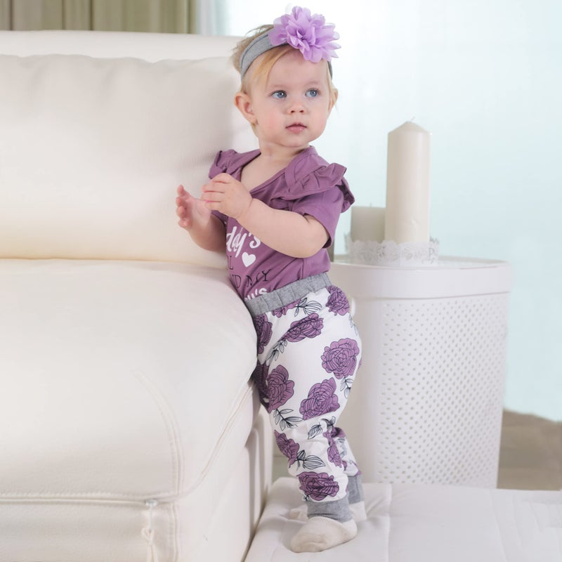 Renotemy Newborn Girl Clothes Outfits Ruffle Short Sleeve Tops + Floral Pants Sets Spring Fall Summer Baby Girl Clothes 3-6 Months Purples - Image 2