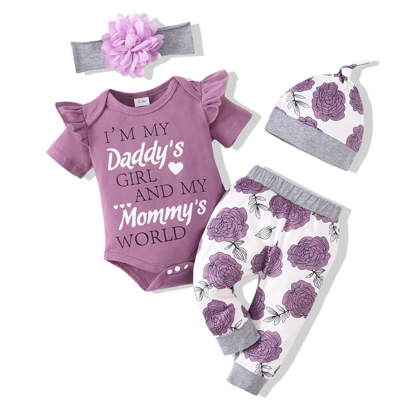 Renotemy Newborn Girl Clothes Outfits Ruffle Short Sleeve Tops + Floral Pants Sets Spring Fall Summer Baby Girl Clothes 3-6 Months Purples - Image 1