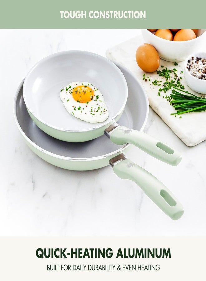 Greenpan مجموعة مقالي قلي جرين بان دوفر 8" و 10" من قطعتين، طلاء سيراميك غير سام وخالي من PFAS، لقلي وتحميص البيض والأومليت، آمنة في غسالة الصحون والفرن، مقبض بارد، حواف سهلة الصب، أخضر باهت - Image 2