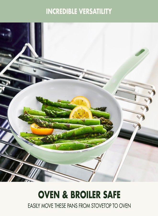 Greenpan مجموعة مقالي قلي جرين بان دوفر 8" و 10" من قطعتين، طلاء سيراميك غير سام وخالي من PFAS، لقلي وتحميص البيض والأومليت، آمنة في غسالة الصحون والفرن، مقبض بارد، حواف سهلة الصب، أخضر باهت - Image 3