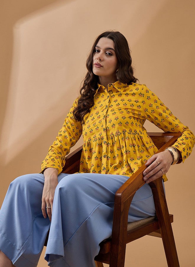 Baizee Routes by All About You Mustard Yellow Print High-Low Top - Image 1