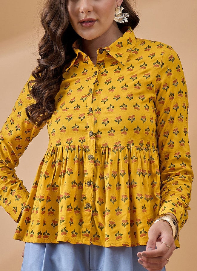 Baizee Routes by All About You Mustard Yellow Print High-Low Top - Image 3
