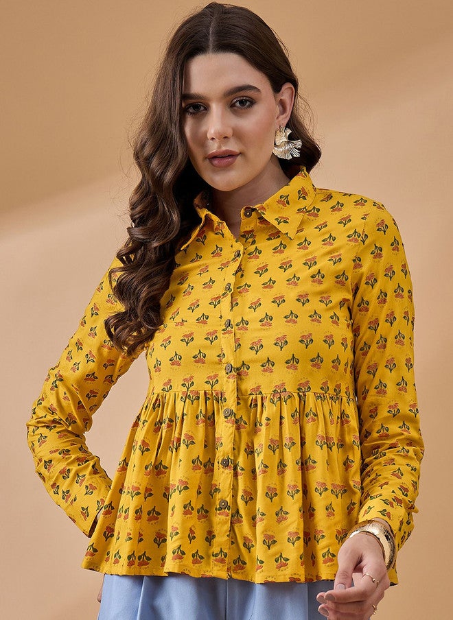 Baizee Routes by All About You Mustard Yellow Print High-Low Top - Image 2