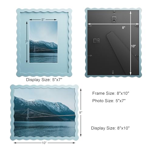 Chrspk 8X10 Wavy Picture Frame With Mat For 5x7 Wavy Edge Wooden Picture Frame with Real Glass Wall Mount and Tabletop Display Blue 2 Pack - Image 3