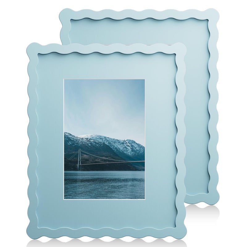 Chrspk 8X10 Wavy Picture Frame With Mat For 5x7 Wavy Edge Wooden Picture Frame with Real Glass Wall Mount and Tabletop Display Blue 2 Pack - Image 2