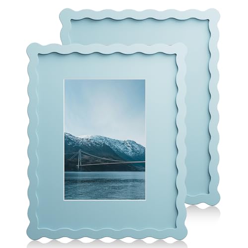Chrspk 8X10 Wavy Picture Frame With Mat For 5x7 Wavy Edge Wooden Picture Frame with Real Glass Wall Mount and Tabletop Display Blue 2 Pack - Image 1