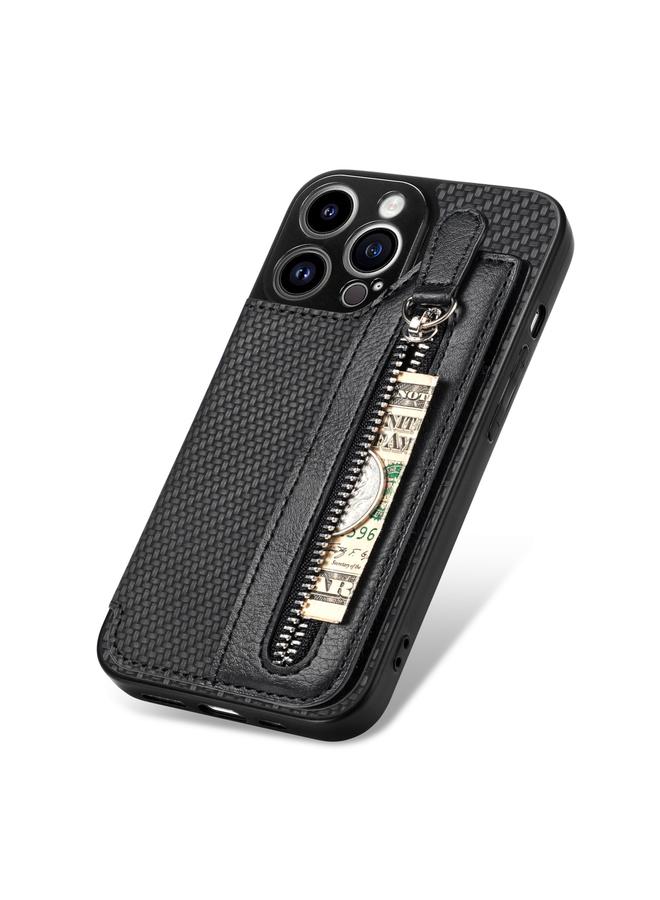 اس-توب جراب هاتف iPhone 14 Pro Max مصنوع من ألياف الكربون مع سحاب أفقي ومحفظة - Image 2