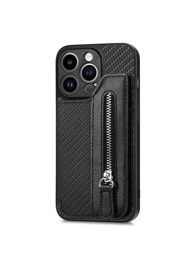 اس-توب جراب هاتف iPhone 14 Pro Max مصنوع من ألياف الكربون مع سحاب أفقي ومحفظة - Image 1