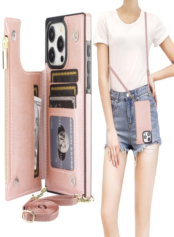 Bocasal Crossbody Wallet Case for iPhone 15 Pro Max with RFID Blocking Card Slot Holder, Magnetic Flip Folio Purse Case, PU Leather Zipper Handbag with Detachable Lanyard Strap 6.7 Inch 5G (Rose Gold) - Image 1