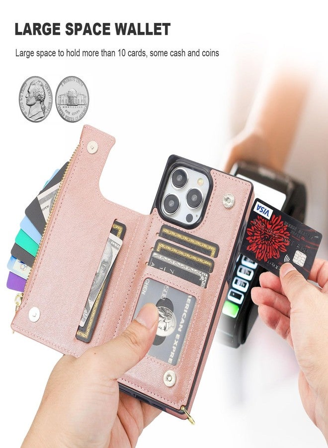 Bocasal Crossbody Wallet Case for iPhone 15 Pro Max with RFID Blocking Card Slot Holder, Magnetic Flip Folio Purse Case, PU Leather Zipper Handbag with Detachable Lanyard Strap 6.7 Inch 5G (Rose Gold) - Image 3