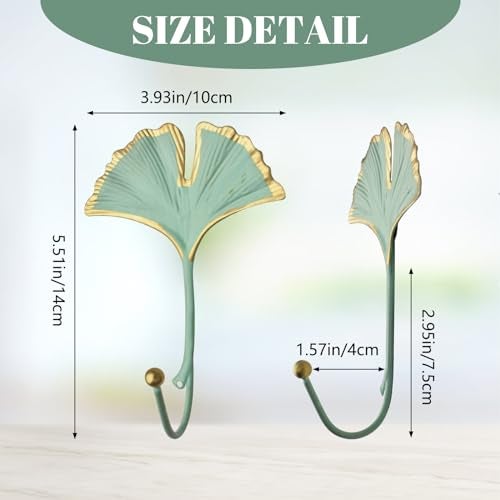 MOROBOR Decorative Leaves Iron Hooks 4pcs Ginkgo Leaf Shape Wall Mounted Hooks Modern Key Holder Wall Mounted Green Single Prong Hat Hanger for Hallways Living Room Home Office Decoration14cm - Image 3