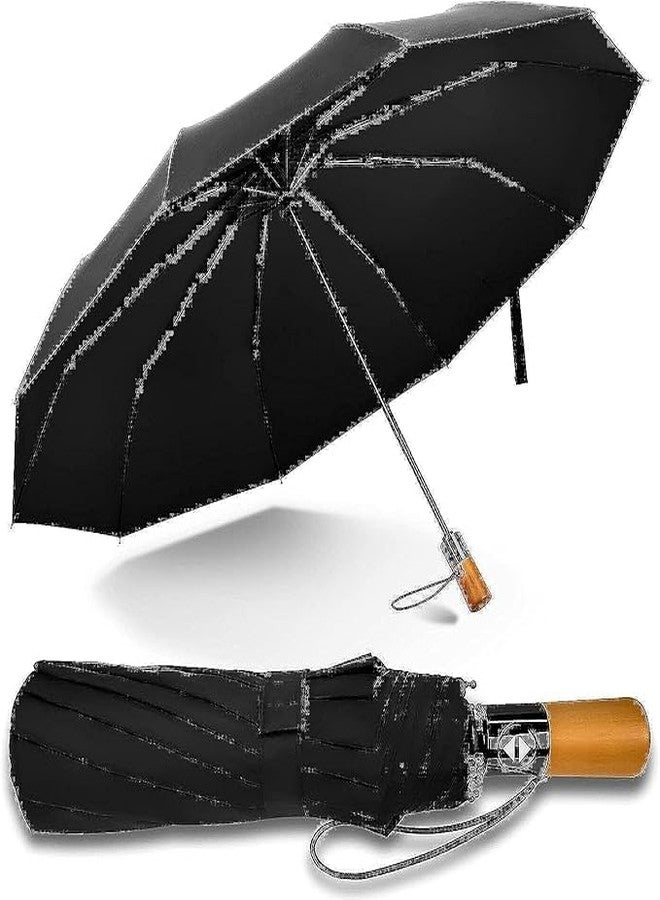 Meneflix Windproof Folding Umbrella with Automatic Open/Close - Elegant Wooden Handle, Travel Compact Size - Durable Rain & Sun Protection for Men, Women, & Professionals - Image 1