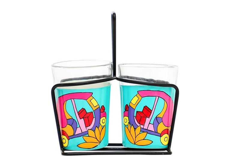 A Krazy Mug Colourful Autorickshaw Design Hand Painted Traditional Tapri Tea Glasses with Iron Container Stand Holder Blue Set of 2 90ml - Image 1