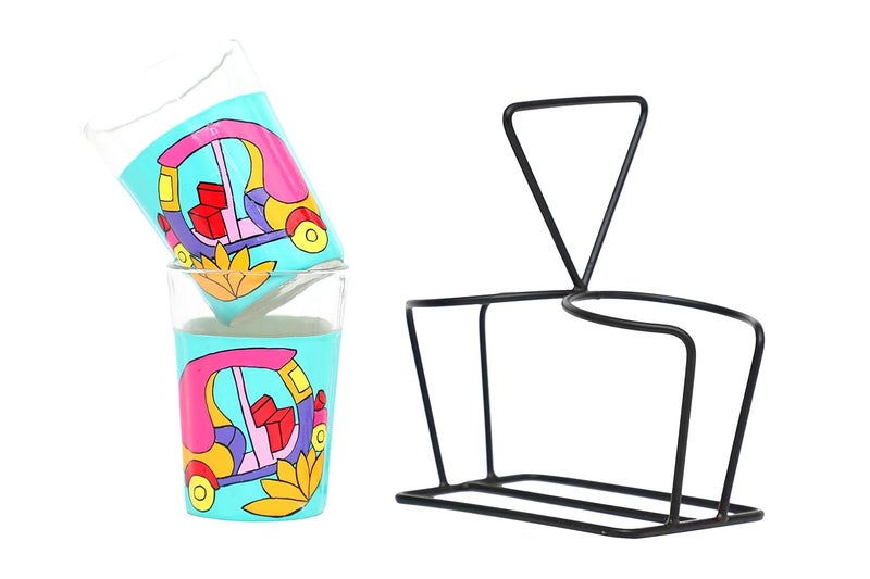 A Krazy Mug Colourful Autorickshaw Design Hand Painted Traditional Tapri Tea Glasses with Iron Container Stand Holder Blue Set of 2 90ml - Image 3