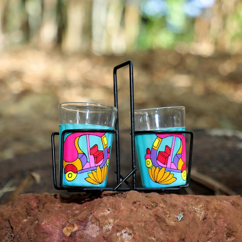 A Krazy Mug Colourful Autorickshaw Design Hand Painted Traditional Tapri Tea Glasses with Iron Container Stand Holder Blue Set of 2 90ml - Image 5