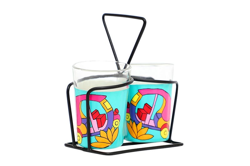 A Krazy Mug Colourful Autorickshaw Design Hand Painted Traditional Tapri Tea Glasses with Iron Container Stand Holder Blue Set of 2 90ml - Image 2