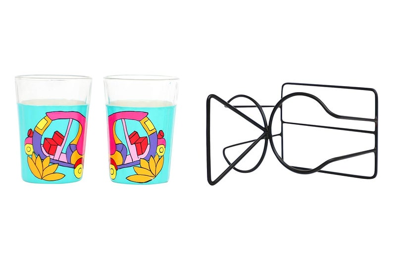 A Krazy Mug Colourful Autorickshaw Design Hand Painted Traditional Tapri Tea Glasses with Iron Container Stand Holder Blue Set of 2 90ml - Image 4