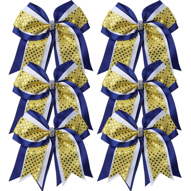 Cheerleader Bows 8 Inch 3 Layers 6 Pcs Ponytail Holder Jumbo Cheerleading Bows Hair Elastic Hair Tie for High School College Royal BlueWhiteYellow