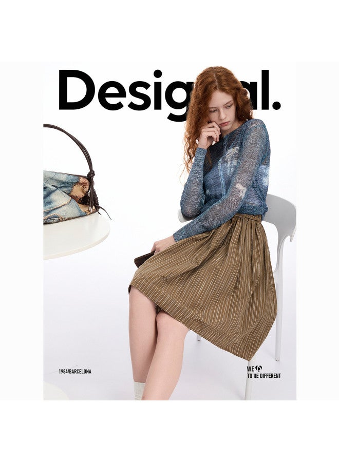 DESIGUAL ss25 New Textured Cotton Striped Color-block Embroidered Skirt - Image 3