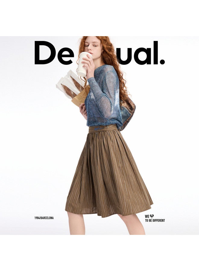 DESIGUAL ss25 New Textured Cotton Striped Color-block Embroidered Skirt - Image 2