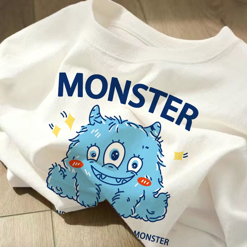 Hong Kong Style Ice Silk Short-Sleeved T-Shirt Unisex Cartoon Monster Printed Couples Summer Loose Top Half Sleeve - Image 2