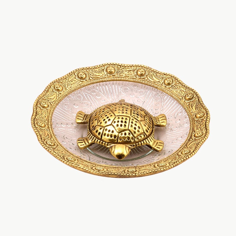 XL Kitchen Polyresin Feng Shui Tortoise On Plate Showpiece Golden Diameter 55 Inch - Image 3